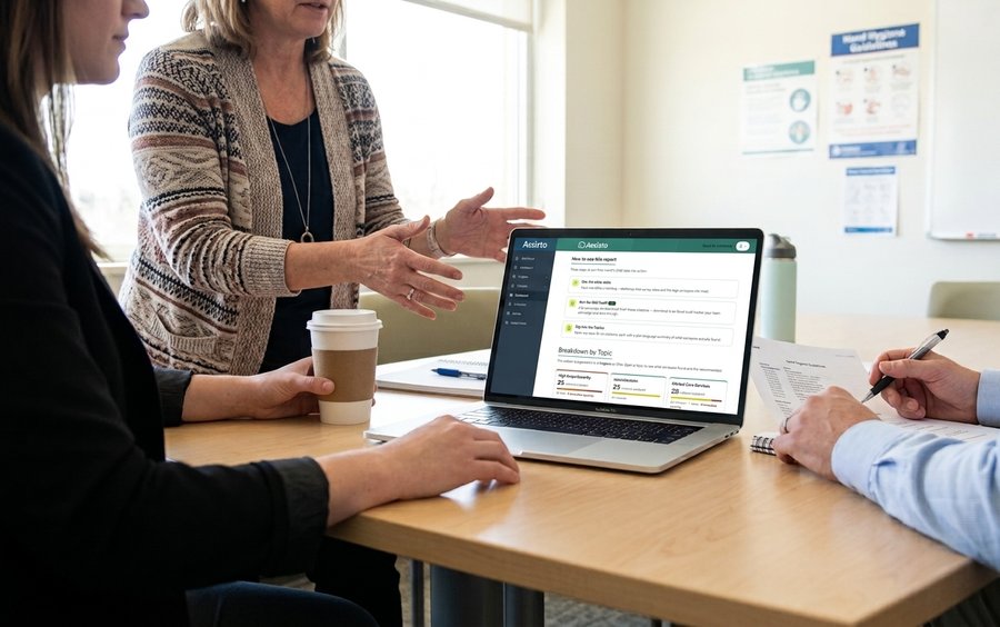 Care team discussing the monthly survey readiness briefing on a laptop