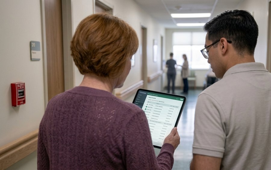 Administrator and staff member walking a facility hallway, reviewing a survey-prep checklist on a tablet